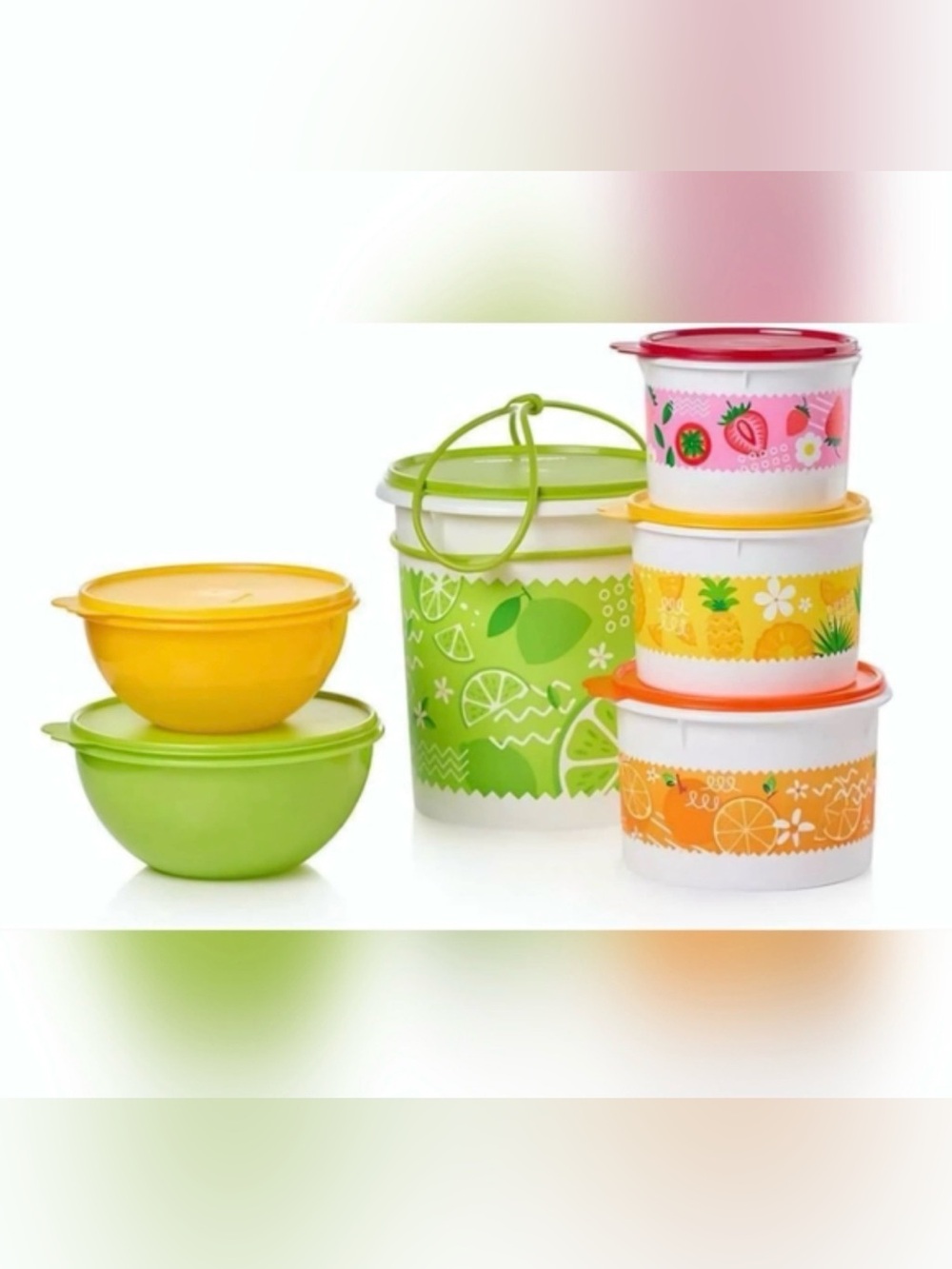 Tupperware Colorful Fruit Pattern Food Storage Set - Green, Yellow, Orange, Pink